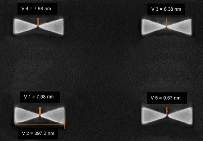 SEM image showing the adjustmentsof the gap size of a bowtie nanoantenna with Li FIB