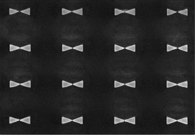 SEM image showing refining of bowties with Li FIB milling