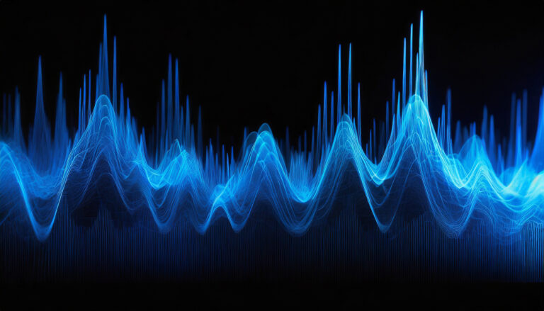 High frequency devices / Wireless communication: glowing blue frequency waves on black background.