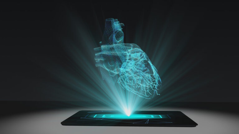 Tablet projecting an abstract hologram, demonstrating the use of nanoelectronics for 2D displays.