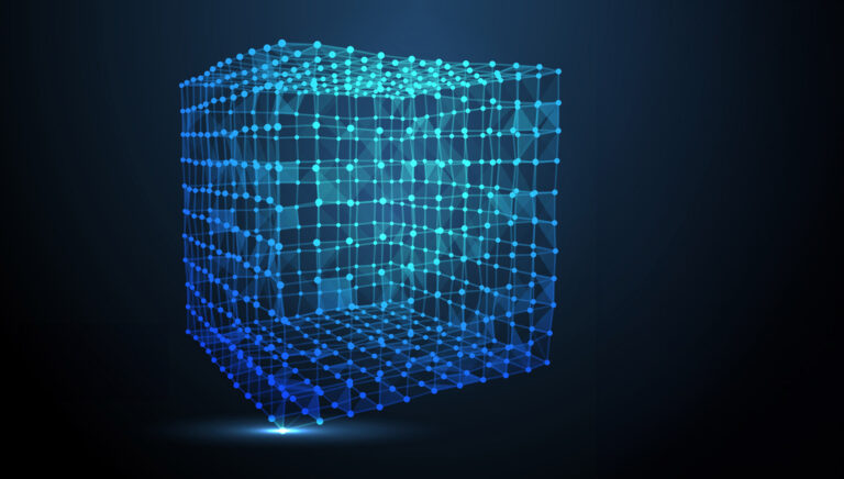 The Key Role of Material analysis in Advancing Science and Industry. Blue grid cube.